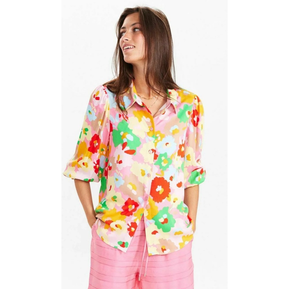 Nümph Nuzahra Floral Button Down Shirt Size Small 36 Pink Retro Mod Ecoviero